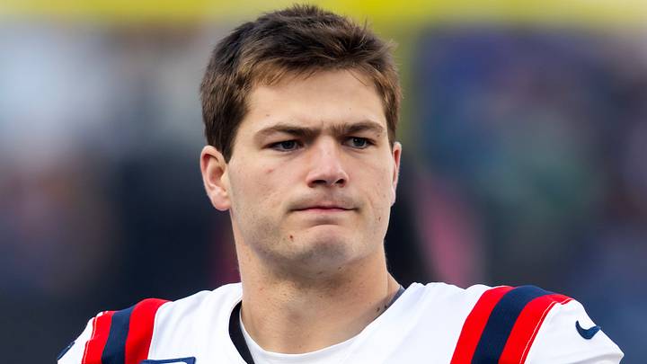 New England Patriots quarterback Drake Maye (10) looks on New England Patriots quarterback Drake Maye (10) looks on
