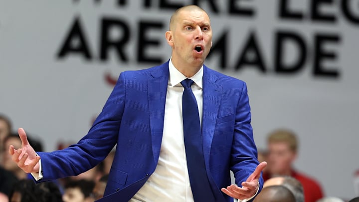 Jan 3, 2026; Tuscaloosa, Alabama, USA; Kentucky Wildcats head coach Mark Pope directs his players during the first half against the Alabama Crimson Tide at Coleman Coliseum. Mandatory Credit: David Leong-Imagn Images