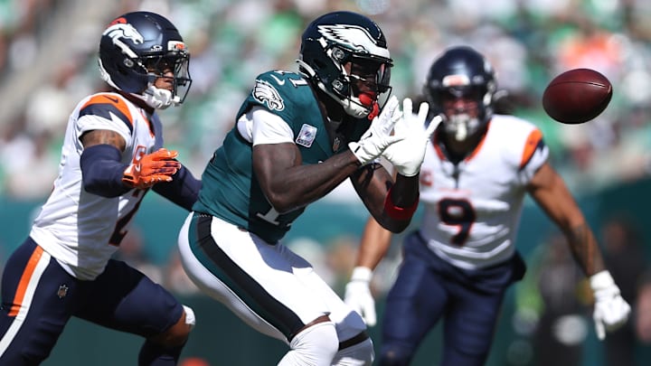 Philadelphia Eagles wide receiver A.J. Brown (11) makes a catch against Denver Broncos cornerback Pat Surtain II (2) in the first quarter at Lincoln Financial Field.