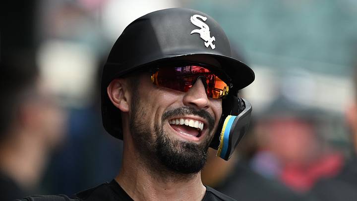 Aug 16, 2026; Detroit, Michigan, USA; Chicago White Sox designated hitter Randal Grichuk (34) celebrates in the dugout after scoring a run against the Detroit Tigers in the seventh inning at Comerica Park. Horwedel-Imagn Images