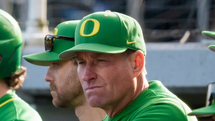 Oregon head coach Mark Wasikowski looks on as the Oregon Ducks host the Youngstown State Penguins on Feb. 19, 2026, at PK Park in Eugene, Oregon. Oregon head coach Mark Wasikowski looks on as the Oregon Ducks host the Youngstown State Penguins on Feb. 19, 2026, at PK Park in Eugene, Oregon.