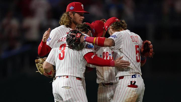 Jun 15, 2026; Philadelphia, Pennsylvania, USA; Philadelphia Phillies infielder Bryce Harper (3), infielder Alec Bohm (28), infielder Edmundo Sosa (33), and infielder Bryson Stott (5) react after the game against the Miami Marlins at Citizens Bank Park. Jun 15, 2026; Philadelphia, Pennsylvania, USA; Philadelphia Phillies infielder Bryce Harper (3), infielder Alec Bohm (28), infielder Edmundo Sosa (33), and infielder Bryson Stott (5) react after the game against the Miami Marlins at Citizens Bank Park.