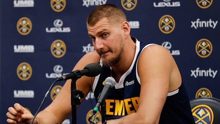 Sep 29, 2025; Denver, CO, USA; Denver Nuggets player Nikola Jokic (15) takes questions during media day at Ball Arena. Mandatory Credit: Isaiah J. Downing-Imagn Images