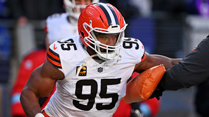 Jan 4, 2025; Baltimore, Maryland, USA; Cleveland Browns defensive end Myles Garrett (95) warms up before the game against Baltimore Ravens at M&T Bank Stadium. Mandatory Credit: Tommy Gilligan-Imagn Images
