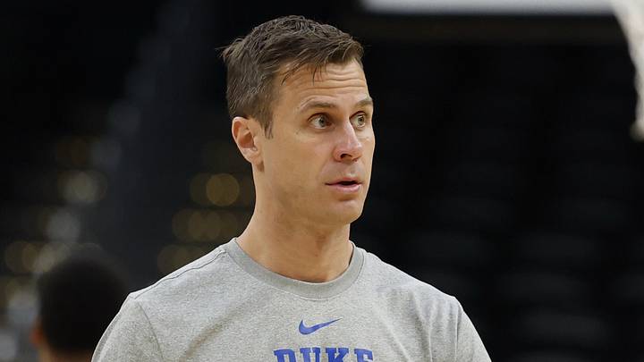 Mar 26, 2026; Washington, DC, USA; Duke Blue Devils head coach Jon Scheyer stands on the court during a practice session ahead of the east regional of the men's 2026 NCAA Tournament at Capital One Arena. Mandatory Credit: Geoff Burke-Imagn Images
