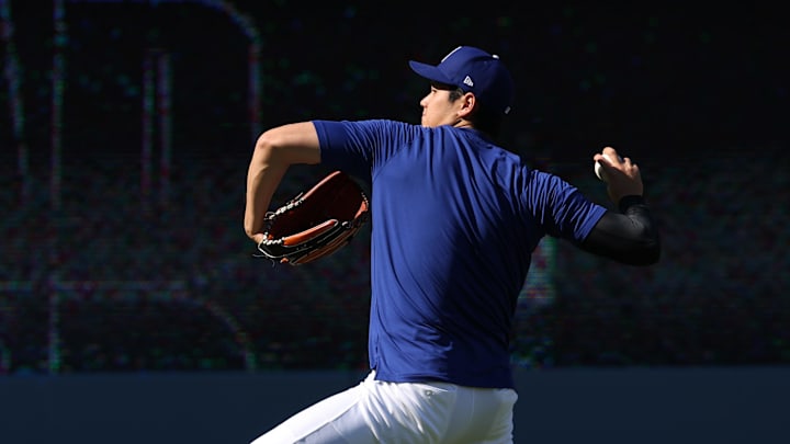 Los Angeles Dodgers designated hitter Shohei Ohtani (17) warms up before a game against the New York Mets at Dodger Stadium on June 2, 2025. 