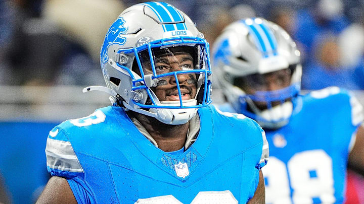 Detroit Lions defensive end Josh Paschal (93) warms up before the game between the Detroit Lions and the Jacksonville Jaguars at Ford Field in Detroit on Sunday, Nov. 17, 2024.