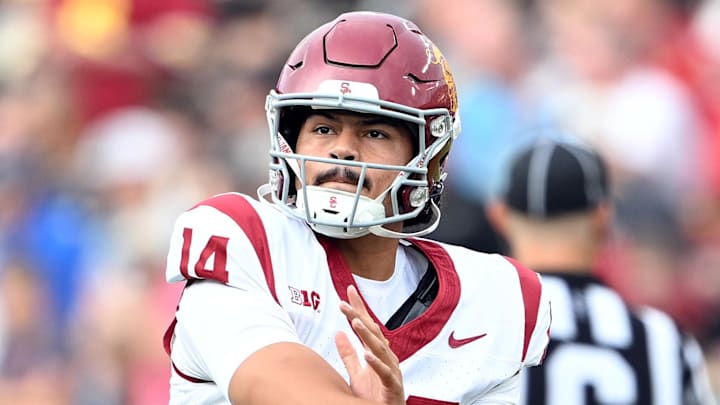 Sep 13, 2025; West Lafayette, Indiana, USA; Southern California Trojans quarterback Jayden Maiava (14) throws a pass during warm ups before the game against the Purdue Boilermakers at Ross-Ade Stadium. Mandatory Credit: Marc Lebryk-Imagn Images Sep 13, 2025; West Lafayette, Indiana, USA; Southern California Trojans quarterback Jayden Maiava (14) throws a pass during warm ups before the game against the Purdue Boilermakers at Ross-Ade Stadium. Mandatory Credit: Marc Lebryk-Imagn Images