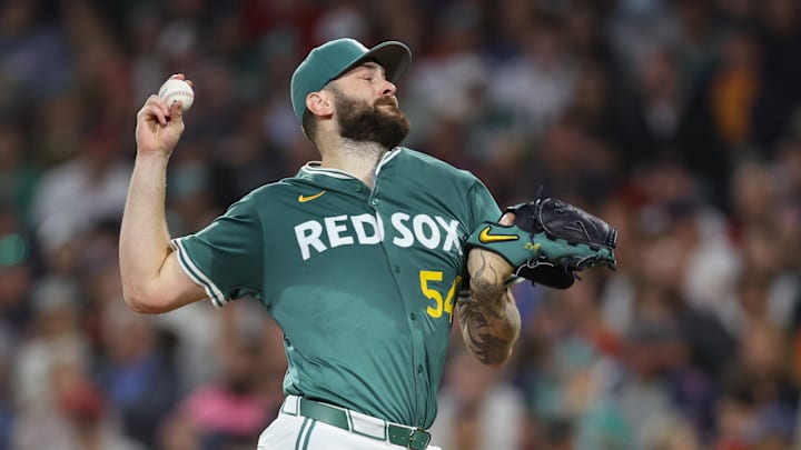 Sep 12, 2025; Boston, Massachusetts, USA; Boston Red Sox starting pitcher Lucas Giolito (54) delivers a pitch during the second inning against the New York Yankees at Fenway Park. Mandatory Credit: Paul Rutherford-Imagn Images