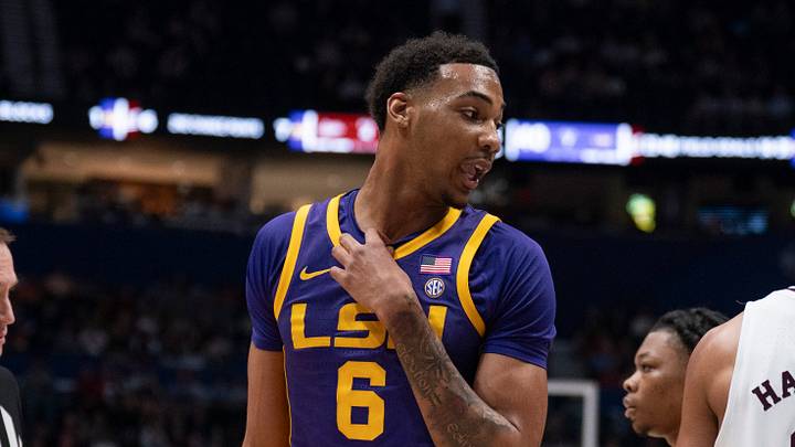 LSU Tigers forward Robert Miller III (6) offers some choice words for Mississippi State Bulldogs guard Claudell Harris Jr. (0) during a timeout during their first round game of the SEC Men's Basketball Tournament at Bridgestone Arena in Nashville, Tenn., Wednesday, March 12, 2025. LSU Tigers forward Robert Miller III (6) offers some choice words for Mississippi State Bulldogs guard Claudell Harris Jr. (0) during a timeout during their first round game of the SEC Men's Basketball Tournament at Bridgestone Arena in Nashville, Tenn., Wednesday, March 12, 2025.