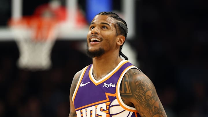 Phoenix Suns guard Jalen Green smiles against the Cleveland Cavaliers in the first half at Mortgage Matchup Center. Phoenix Suns guard Jalen Green smiles against the Cleveland Cavaliers in the first half at Mortgage Matchup Center.