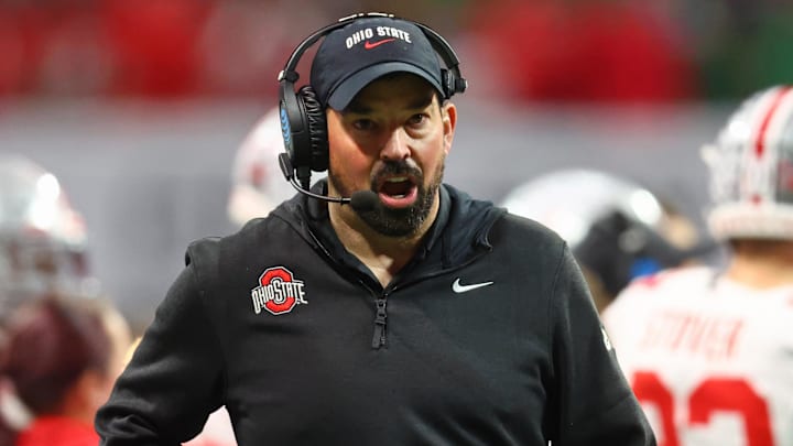 Jan 20, 2025; Atlanta, GA, USA; Ohio State Buckeyes head coach Ryan Day reacts after a play against the Notre Dame Fighting Irish during the second half the CFP National Championship college football game at Mercedes-Benz Stadium. Mandatory Credit: Mark J. Rebilas-Imagn Images
