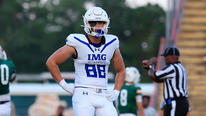 IMG Academy's Jake Kreul (88) looks on during the first quarter of a high school football matchup at Mandarin High School, Friday, Sept. 19, 2025, in Jacksonville, Fla. The IMG Academy Ascenders defeated the Mandarin Mustangs 55-7.