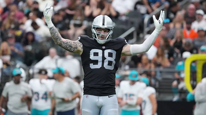 Las Vegas Raiders defensive end Maxx Crosby reacts in the first quarter against the Miami Dolphins at Allegiant Stadium.