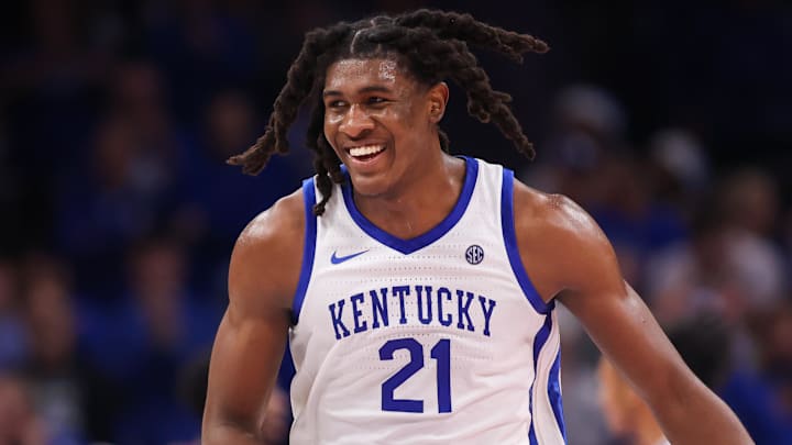 Dec 20, 2025; Atlanta, Georgia, USA; Kentucky Wildcats forward Jayden Quaintance (21) shows emotion against the St. John Red Storm in the second half at State Farm Arena. Mandatory Credit: Brett Davis-Imagn Images
