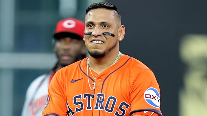 May 9, 2025; Houston, Texas, USA; Houston Astros third baseman Isaac Paredes (15) reacts after hitting an RBI double against the Cincinnati Reds during the fifth inning at Daikin Park May 9, 2025; Houston, Texas, USA; Houston Astros third baseman Isaac Paredes (15) reacts after hitting an RBI double against the Cincinnati Reds during the fifth inning at Daikin Park