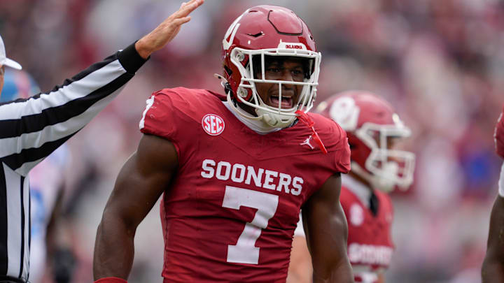 Oklahoma Sooners linebacker Sammy Omosigho (7) celebrates during a college football game between the University of Oklahoma Sooners (OU) and the Ole Miss Rebels at Gaylord Family Ð Oklahoma Memorial Stadium in Norman, Okla., Saturday, Oct. 25, 2025. Ole Miss won 34-26. Oklahoma Sooners linebacker Sammy Omosigho (7) celebrates during a college football game between the University of Oklahoma Sooners (OU) and the Ole Miss Rebels at Gaylord Family Ð Oklahoma Memorial Stadium in Norman, Okla., Saturday, Oct. 25, 2025. Ole Miss won 34-26.