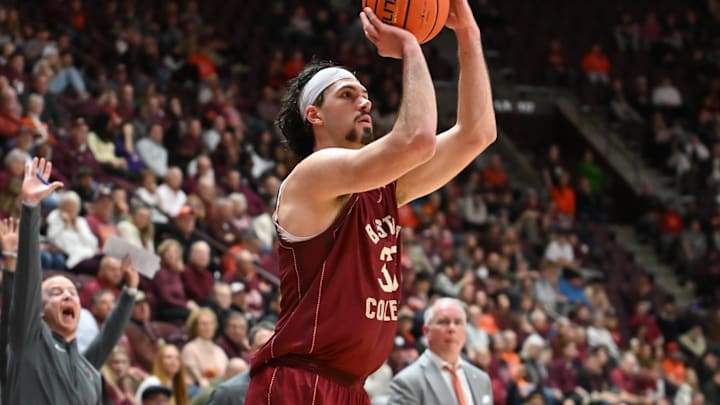 Mar 3, 2026; Blacksburg, Virginia, USA;  Boston College Eagles center Boden Kapke (33) shoots a shot against the Virginia Tech Hokies during the first half at Cassell Coliseum. Mandatory Credit: Brian Bishop-Imagn Images