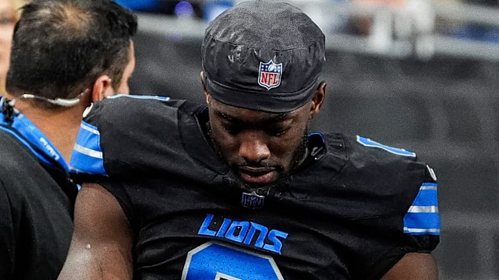Detroit Lions cornerback Terrion Arnold (0) is carted off the field during the second half against the Minnesota Vikings at Ford Field in Detroit on Sunday, Jan. 5, 2025. Detroit Lions cornerback Terrion Arnold (0) is carted off the field during the second half against the Minnesota Vikings at Ford Field in Detroit on Sunday, Jan. 5, 2025.