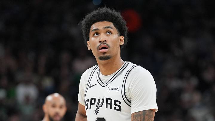 Mar 10, 2026; San Antonio, Texas, USA;  San Antonio Spurs guard Dylan Harper (2) looks on during the second half against the Boston Celtics at Frost Bank Center. Mandatory Credit: Daniel Dunn-Imagn Images