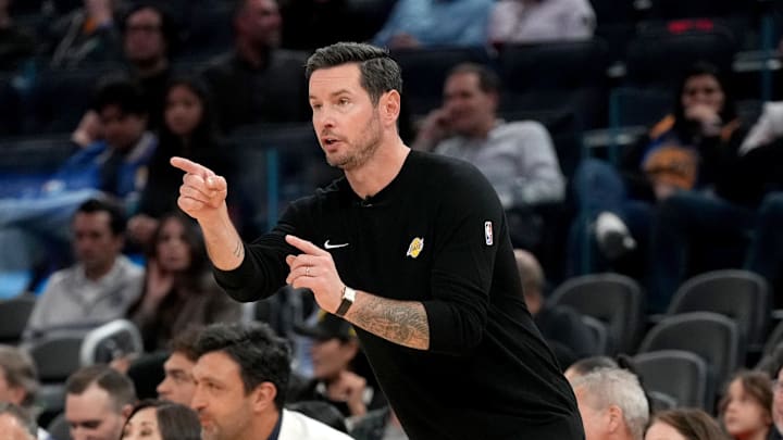 Apr 9, 2026; San Francisco, California, USA; Los Angeles Lakers head coach JJ Redick instructs his team against the Golden State Warriors in the fourth quarter at the Chase Center. Mandatory Credit: Cary Edmondson-Imagn Images