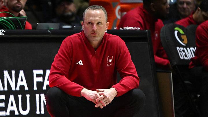 Feb 20, 2026; West Lafayette, Indiana, USA; Indiana Hoosiers head coach Darian Devries during the second half against the Purdue Boilermakers at Mackey Arena. Mandatory Credit: Marc Lebryk-Imagn Images