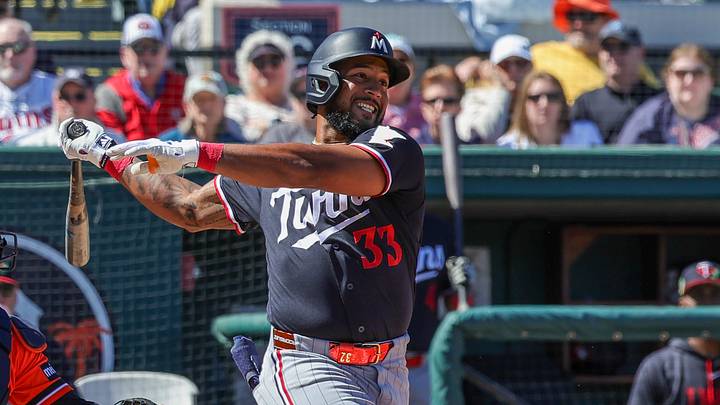 Feb 23, 2026; Lakeland, Florida, USA; Minnesota Twins center fielder Emmanuel Rodriguez (33) bats during the second inning against the Detroit Tigers at Publix Field at Joker Marchant Stadium. Mandatory Credit: Mike Watters-Imagn Images