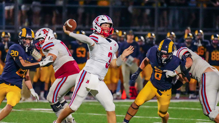Arrowhead quarterback Nolan Hanson (3) throws a pass during the nonconference season opener against Marquette at Menomonee Falls on Friday, August 22, 2025. Arrowhead won the game, 53-22.