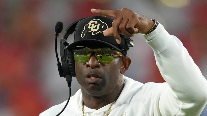Oct 28, 2023; Pasadena, California, USA; Colorado Buffaloes head coach Deion Sanders reacts against the UCLA Bruins in the first half at Rose Bowl. Mandatory Credit: Kirby Lee-Imagn Images Oct 28, 2023; Pasadena, California, USA; Colorado Buffaloes head coach Deion Sanders reacts against the UCLA Bruins in the first half at Rose Bowl. Mandatory Credit: Kirby Lee-Imagn Images
