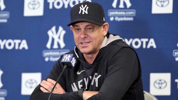 Feb 11, 2025; Tampa, FL, USA; New York Yankees manager Aaron Boone talks with media during a press conference as spring training starts at George M. Steinbrenner Field