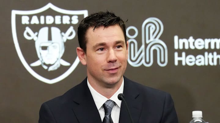 Feb 10, 2026; Henderson, NV, USA; Las Vegas Raiders coach Klint Kubiak speaks at introductory press conference at Intermountain Health Performance Center. Mandatory Credit: Kirby Lee-Imagn Images Feb 10, 2026; Henderson, NV, USA; Las Vegas Raiders coach Klint Kubiak speaks at introductory press conference at Intermountain Health Performance Center. Mandatory Credit: Kirby Lee-Imagn Images