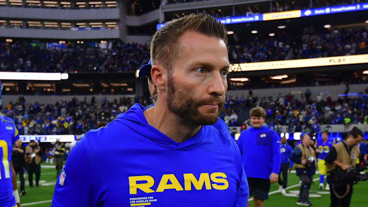 Jan 4, 2026; Inglewood, California, USA;  Los Angeles Rams head coach Sean McVay leaves the field following a game against the Arizona Cardinals at SoFi Stadium. Mandatory Credit: Gary A. Vasquez-Imagn Images