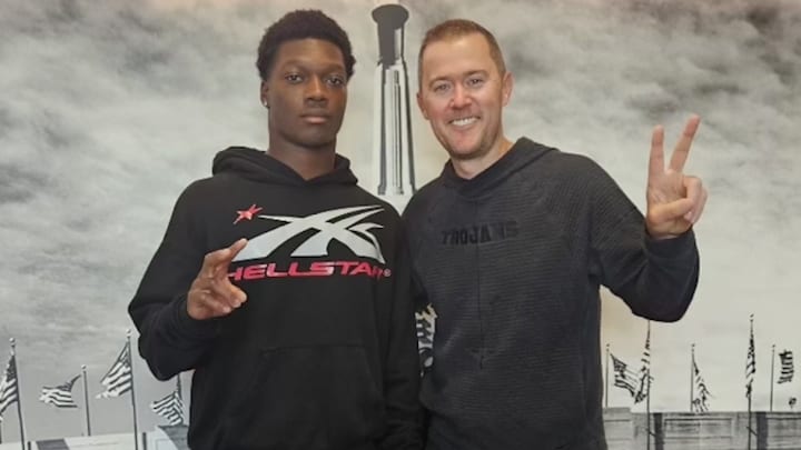 Linebacker recruit Ty Jackson and USC Trojans coach Lincoln Riley Linebacker recruit Ty Jackson and USC Trojans coach Lincoln Riley