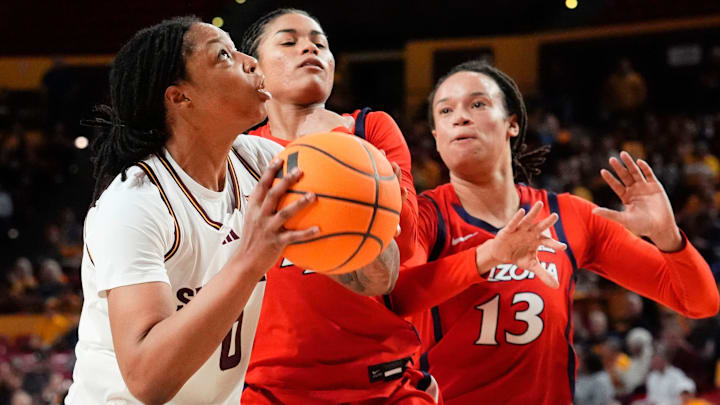 Arizona State Sun Devils guard Gabby Elliott (0) looks to the basket against the Arizona Wildcats on Jan. 28, 2026, at Desert Financial Arena in Tempe.