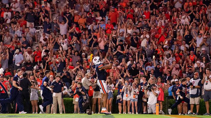 Auburn Tigers wide receiver Horatio Fields (5) celebrates his touchdown as Auburn Tigers take on Ball State Cardinals at Jordan-Hare Stadium in Auburn, Ala. on Saturday, Sept. 6, 2025. Auburn Tigers defeated Ball State Cardinals 42-3. Auburn Tigers wide receiver Horatio Fields (5) celebrates his touchdown as Auburn Tigers take on Ball State Cardinals at Jordan-Hare Stadium in Auburn, Ala. on Saturday, Sept. 6, 2025. Auburn Tigers defeated Ball State Cardinals 42-3.