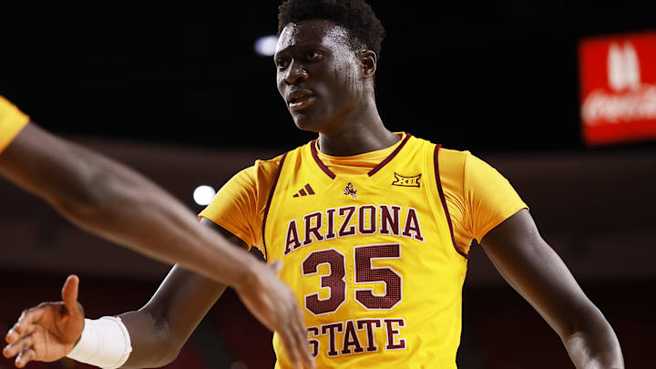 Jan 10, 2026; Tempe, Arizona, USA; Arizona State Sun Devils center Massamba Diop (35) celebrates a play against the Kansas State Wildcats in the first half at Desert Financial Arena. Mandatory Credit: Mark J. Rebilas-Imagn Images