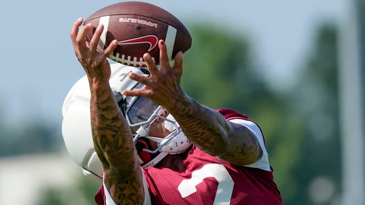 July 31, 2025; Tuscaloosa, AL, USA; Wide receiver Ryan Williams makes a catch during the second practice session of the preseason for the Alabama Crimson Tide. July 31, 2025; Tuscaloosa, AL, USA; Wide receiver Ryan Williams makes a catch during the second practice session of the preseason for the Alabama Crimson Tide.