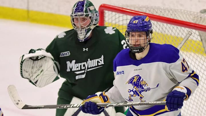 Canisius senior forward Grant Porter tries to screen Mercyhurst goaltender Charles-Edward Gravel in the 2026 AHA playoffs.