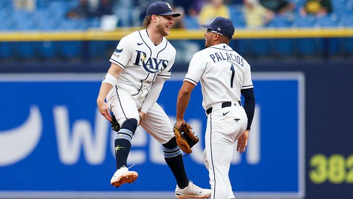 Sep 17, 2026; St. Petersburg, Florida, USA; Tampa Bay Rays shortstop Taylor Walls (6) and second baseman Richie Palacios (1) react after beating the Athletics at Tropicana Field. Mandatory Credit: Nathan Ray Seebeck-Imagn Images Sep 17, 2026; St. Petersburg, Florida, USA; Tampa Bay Rays shortstop Taylor Walls (6) and second baseman Richie Palacios (1) react after beating the Athletics at Tropicana Field. Mandatory Credit: Nathan Ray Seebeck-Imagn Images