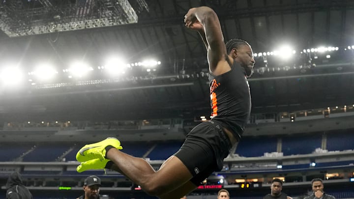 Feb 28, 2026; Indianapolis, IN, USA; Arkansas running back Mike Washington Jr. (RB20) during the NFL Scouting Combine at Lucas Oil Stadium.  