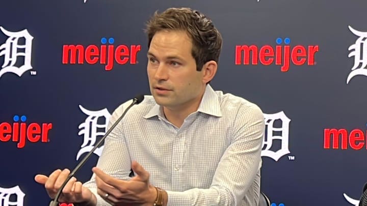 Detroit Tigers president of baseball operations Scott Harris, manager A.J. Hinch meet with reporters Monday, Oct. 13, 2025, at Comerica Park in Detroit, Michigan.