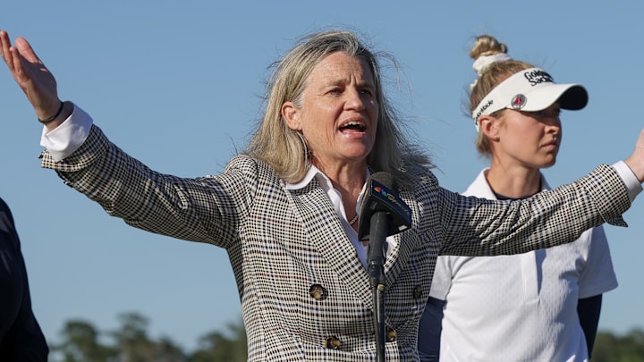 Samaan congratulates Nelly Korda after winning The Chevron Championship earlier this year. Samaan congratulates Nelly Korda after winning The Chevron Championship earlier this year.