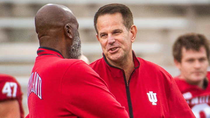 Indiana coach Curt Cignetti and Maryland coach Mike Locksley talk pregame at Memorial Stadium. Indiana coach Curt Cignetti and Maryland coach Mike Locksley talk pregame at Memorial Stadium.