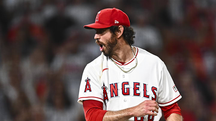 Apr 4, 2026; Anaheim, California, USA; Los Angeles Angels pitcher Jordan Romano (68) reacts after throwing final striking out to end the game against the Seattle Mariners during the ninth inning at Angel Stadium. Mandatory Credit: Jonathan Hui-Imagn Images