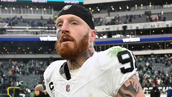 Dec 14, 2025; Philadelphia, Pennsylvania, USA; Las Vegas Raiders defensive end Maxx Crosby (98) on the field after loss to the Philadelphia Eagles at Lincoln Financial Field. Mandatory Credit: Eric Hartline-Imagn Images