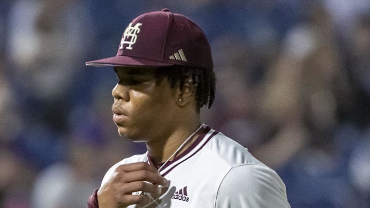 Mississippi State pitcher Jurrangelo Cijntje walks off the mound during an SEC Tournament game against Vanderbilt on May 23, 2024, at Hoover Metropolitan Stadium.