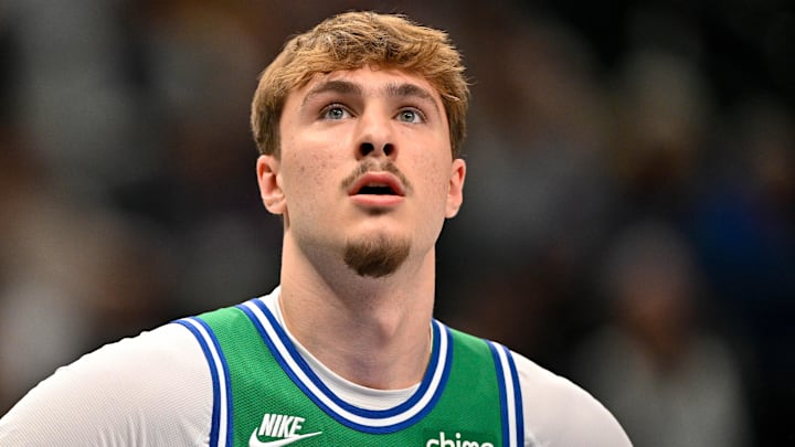 Jan 24, 2026; Dallas, Texas, USA; Dallas Mavericks forward Cooper Flagg (32) looks on during the game against the Los Angeles Lakers at the American Airlines Center. Mandatory Credit: Jerome Miron-Imagn Images
