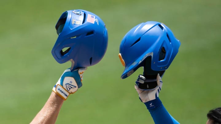 UCLA Bruins outfielder Carson Yates (18) celebrates after hitting a home run as Florida State Seminoles take on UCLA Bruins during the NCAA regional baseball tournament at Plainsman Park in Auburn, Ala., on Friday, June 3, 2022.