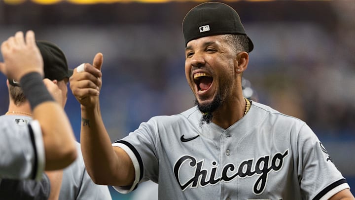 Chicago White Sox first baseman Jose Abreu (79) celebrates after defeating the Tampa Bay Rays at Tropicana Field. Chicago White Sox first baseman Jose Abreu (79) celebrates after defeating the Tampa Bay Rays at Tropicana Field.