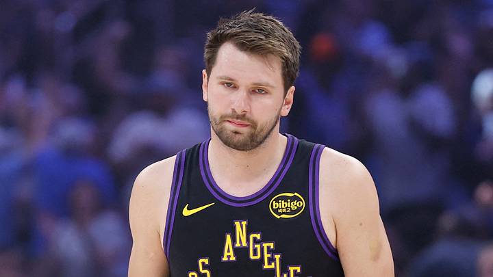 Apr 2, 2026; Oklahoma City, Oklahoma, USA; Los Angeles Lakers guard Luka Doncic (77) walks across the court after a play against the Oklahoma City Thunder during the first quarter at Paycom Center. Mandatory Credit: Alonzo Adams-Imagn Images
